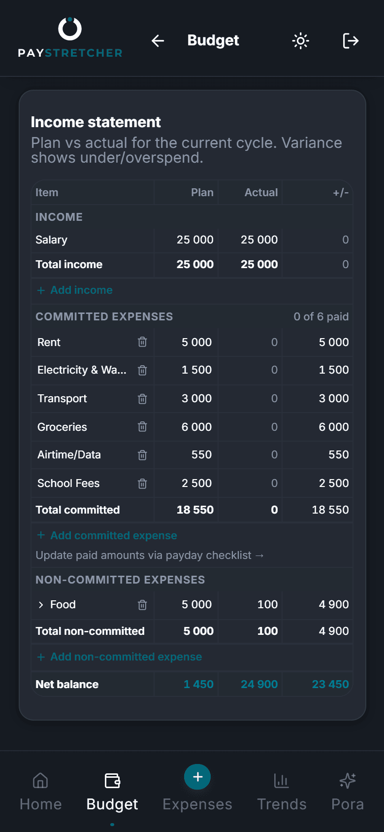 PayStretcher budget income statement, plan vs actual