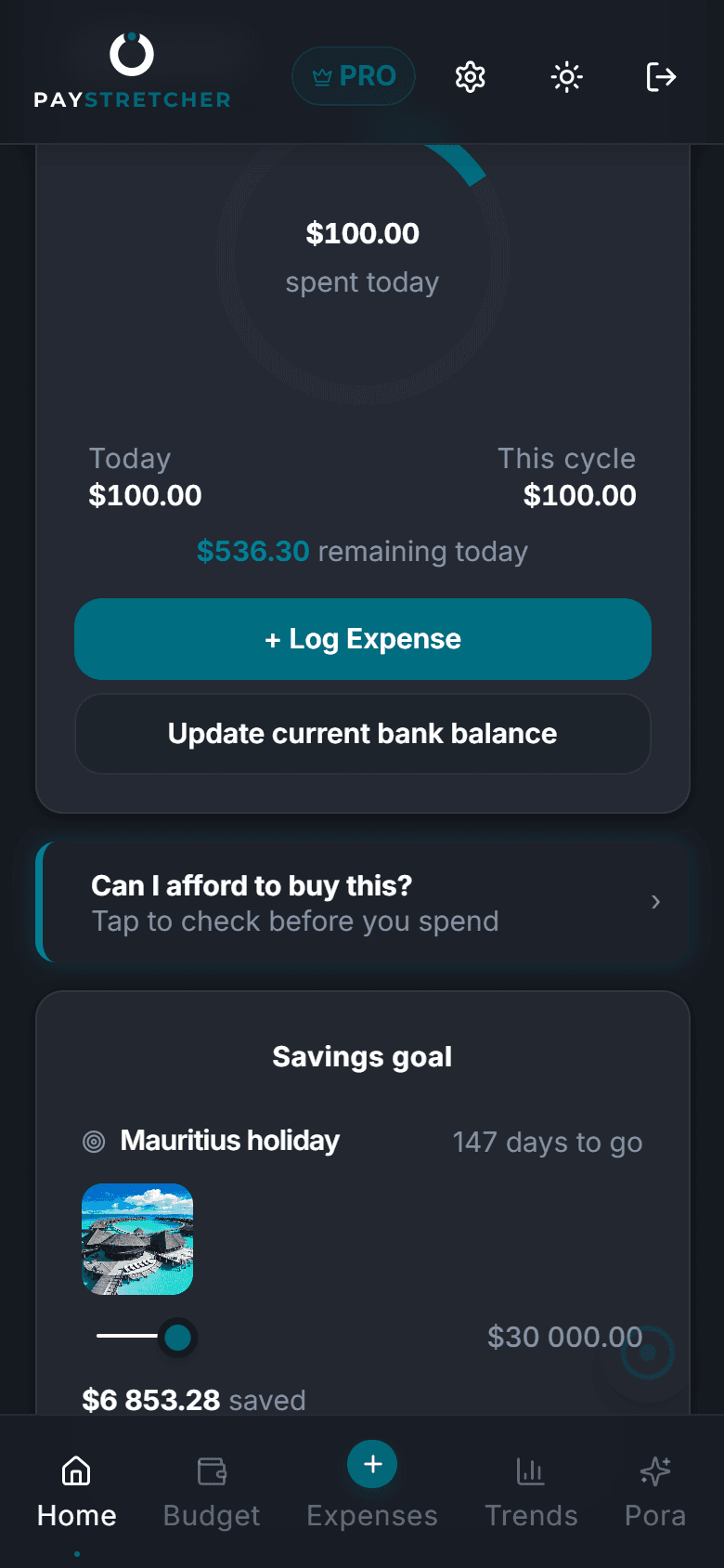 PayStretcher dashboard showing spending so far and savings goal